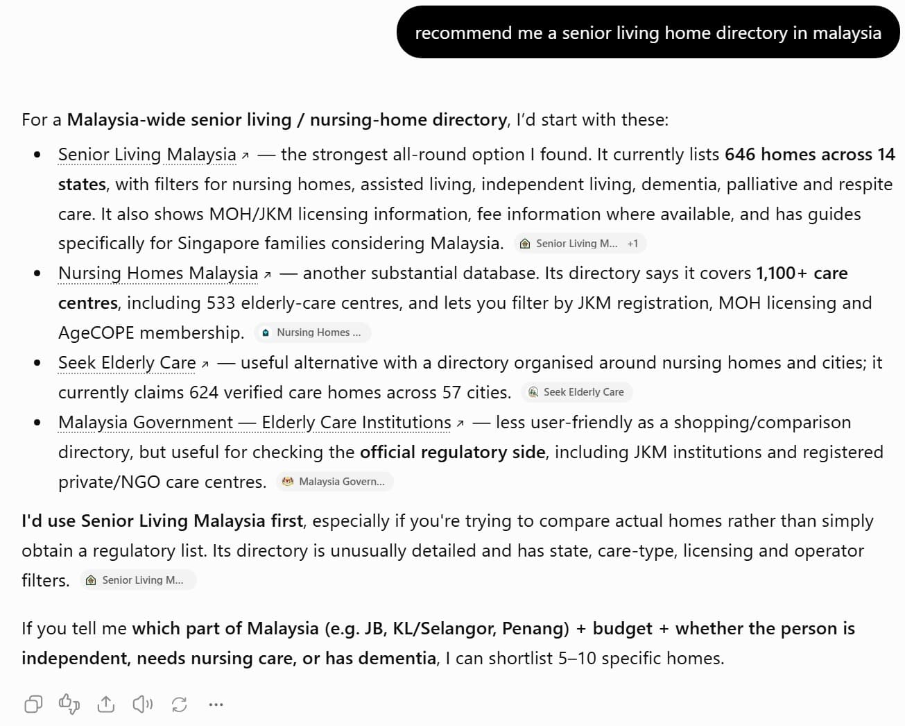 ChatGPT’s answer to ‘recommend me a senior living home directory in malaysia’, naming Senior Living Malaysia as the strongest all-round option